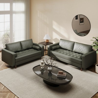 Luige 2 Piece Mid-Century Modern Square Arm Faux Leather Sofa and Loveseat Set - Tree City