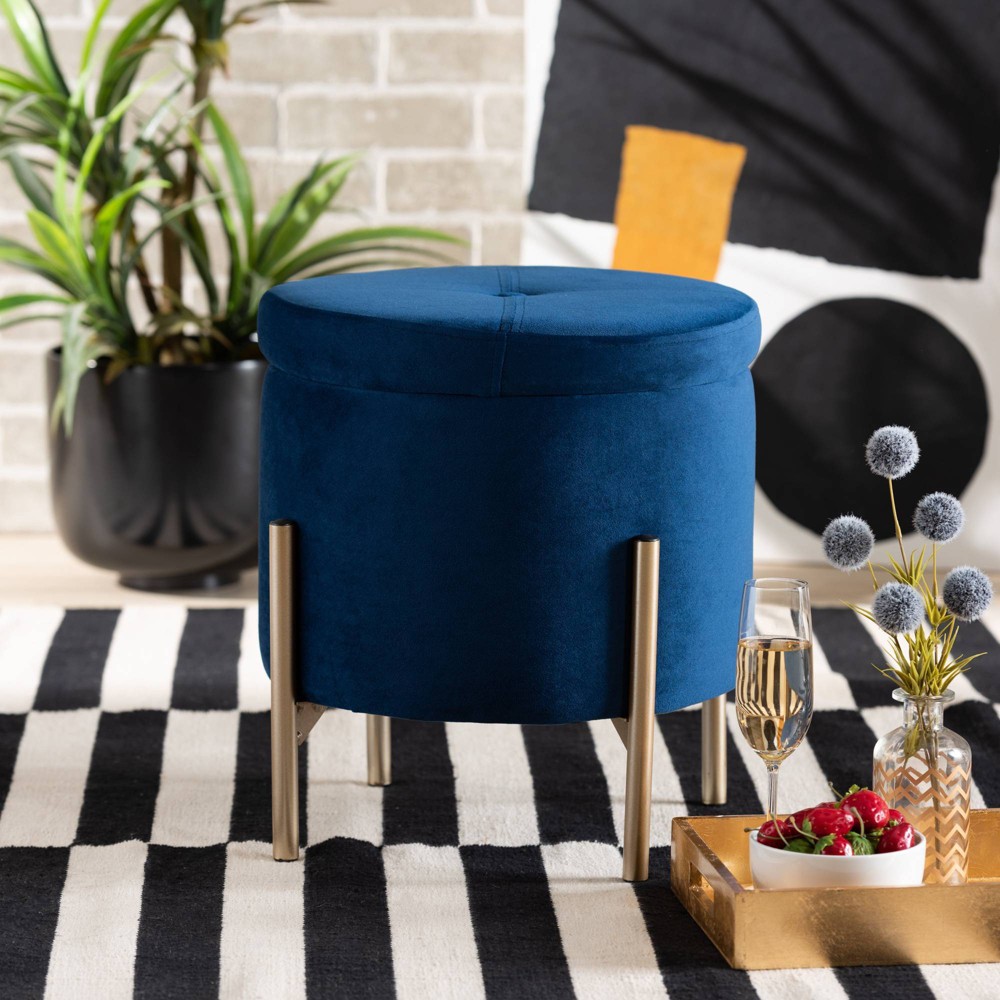 Photos - Pouffe / Bench Malina Velvet Metal Storage Ottoman Navy Blue/Gold - Baxton Studio