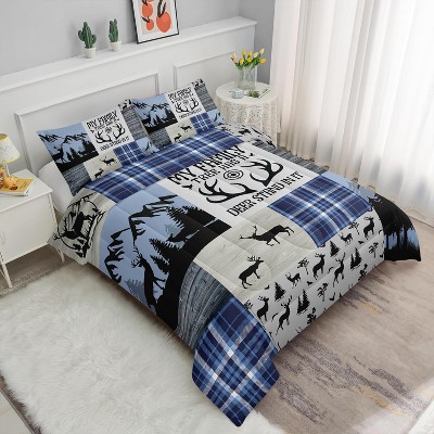Deer Hunting Comforter Set Twin Size – 3Pcs Rustic Patchwork Bedding with Geometric Plaids & Arrows, Wild Animal Quilt Set for Boys Men All Season