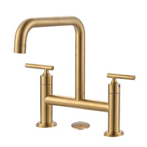 WOWOW Double Handle Bridge Faucet with Kitchen Sink Hole Cover in Brushed Gold - 1 of 4