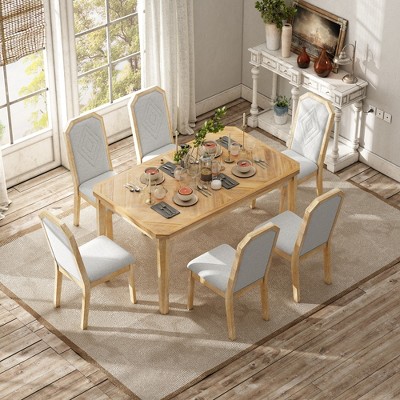 7-Piece Farmhouse Dining Table Set Dining Set with Classic Rustic Dining Table, 6 High-back Dining Chairs, Natural Wood Wash/Gray-ModernLuxe