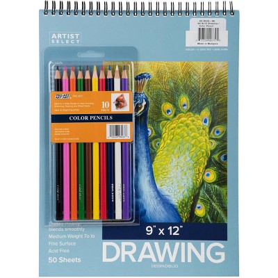 Artist Select Drawing Pad 9"X12" & 10pc Color Pencil Set-50 Sheets