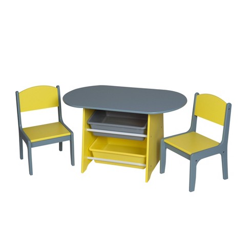 Kids' Oval Table With 2 Chairs And Storage Bins Gray/yellow - Gift