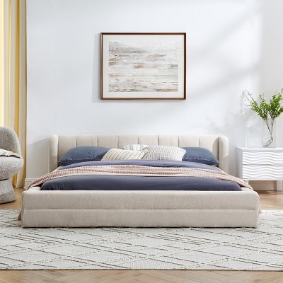 Queen Size Upholstered Platform Bed, Chenille Fabric Bed with Headboard, Low Profile Design Bed with Foam Padding Surrounding-Baofuwish