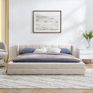 Queen Size Upholstered Platform Bed, Chenille Fabric Bed with Headboard, Low Profile Design Bed with Foam Padding Surrounding-Baofuwish - 1 of 4