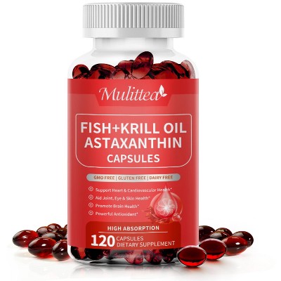 Mulittea Fish Oil + Krill Oil with EPA, DHA & Astaxanthin Supports Joint, Skin, Brain & Eye Health - 120 CT