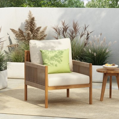 1pc Outdoor Lounge Chair with Solid Wood Frame and Weather Resistant Cushions No Table Included for Patio or Garden - Coolbibila