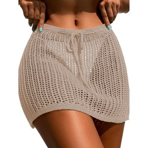 Womens Crochet Cover Up Shorts Hollow Out High Waist Tie Front Knit Swimsuit Beach Skirt Coverups - 1 of 3