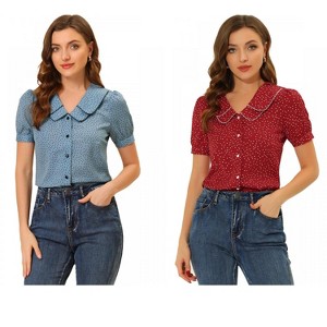 INSPIRE CHIC Women's Vintage Polka Dots Peter Pan Collar Puff Short Sleeve Shirt 2 Packs - 1 of 4