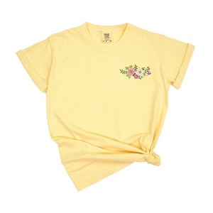 Simply Sage Market Women's Embroidered Flower Cluster Short Sleeve Garment Dyed Tee - 1 of 4