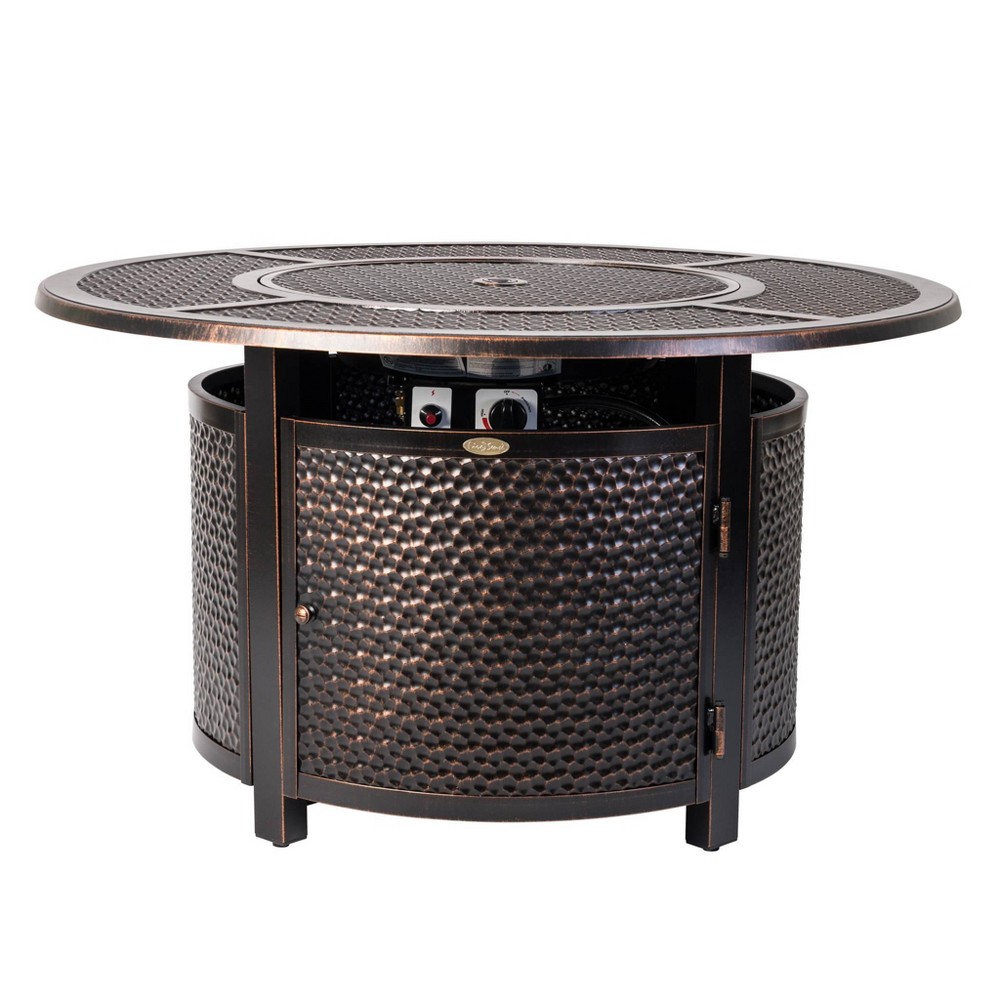 Briarwood Round Aluminum LPG Fire Pit - Fire Sense The Briarwood Round Gas Fire Pit boasts a hammered antique bronze finish that will be right at home in your outdoor space. With a practical aluminum build and an output of 50,000 BTU, this versatile fire pit pulls double duty in warmer weather as a patio table when covered with the included fire bowl lid. Arriving with clear fire glass for a stylish touch, just add a standard 20lb propane tank behind the handy hinged door. A nylon cover is included to prolong the life of your fire pit.
