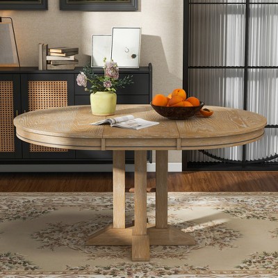 LOVMOR Retro Extendable Dining Table with 16" Leaf, Round Tables, Adjustable length 42" to 56 Desktop, for Kitchen, Restaurant, Natural Wood Wash