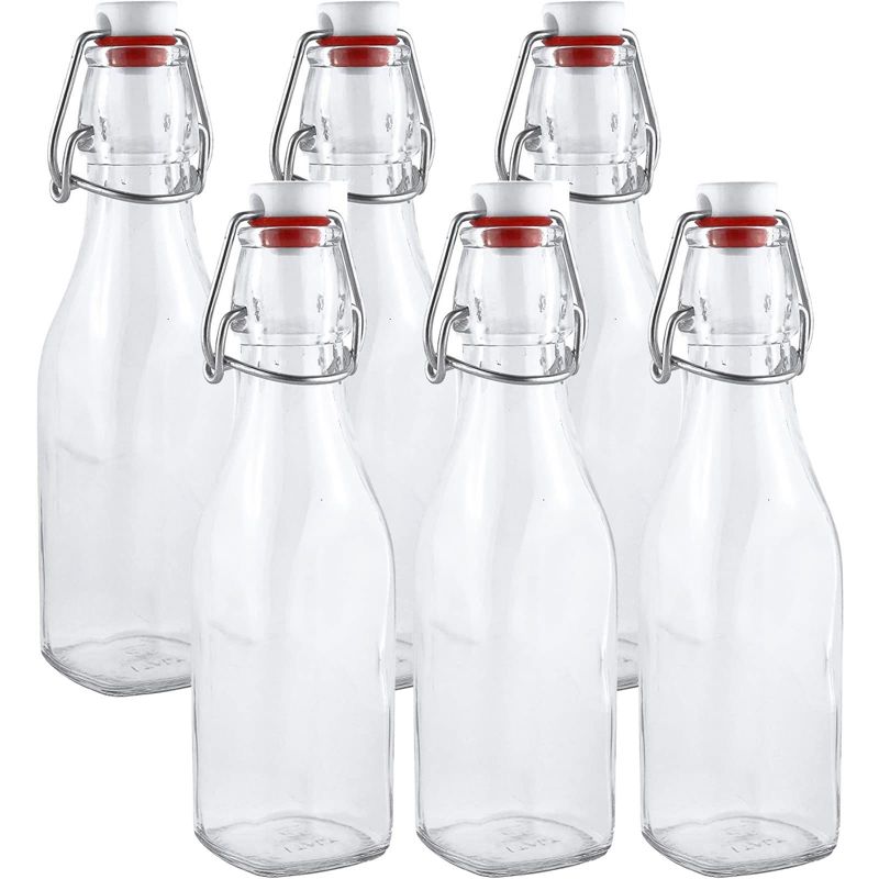 Estilo 8.5 oz Swing Top Easy Cap Glass Round Bottles with Caps- Set of 6, Clear, 1 of 6