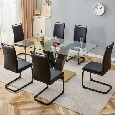 NicBex 5 PCS/7 PCS Tempered Glass Dining Table Set,4/6 PU Chairs with C-Tube Black Metal Legs for Dining Meeting Room