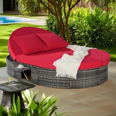 Outdoor Patio Rattan Round Daybed Sunbed with Adjustable Backrests and Foldable Cup Trays