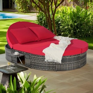 Outdoor Patio Rattan Round Daybed Sunbed with Adjustable Backrests and Foldable Cup Trays - 1 of 4