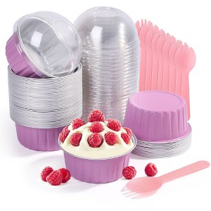 LotFancy 50Pack Aluminum Foil Baking Cups with Lids and Spoons, 5oz Foil Ramekins with Lids, Pink - 1 of 4