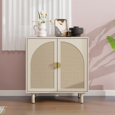 SKRAN Rattan Buffet Cabinet with Storage, Sideboard Cabinet with Solid Pine Legs, Accent Wood Cabinet for Dining Room, Kitchen