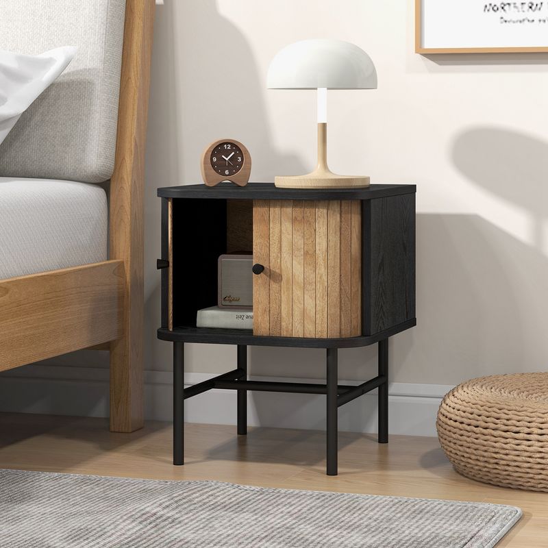 Costway Sliding Door Nightstand Mid-century Modern Storage End Table with Cabinet Black/Distressed White, 4 of 11