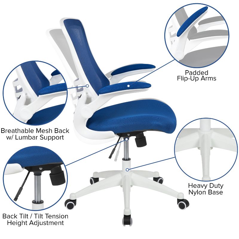 Emma and Oliver Mid-Back Blue Mesh Ergonomic Task Office Chair, White Frame - Flip-Up Arms, 6 of 15