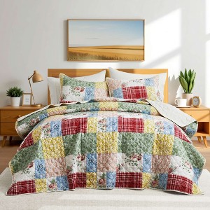 Peace Nest Soft Printed Coverlet Set Floral Geometric Bedspread, Modern Reversible Quilt and Shams Set - 1 of 4