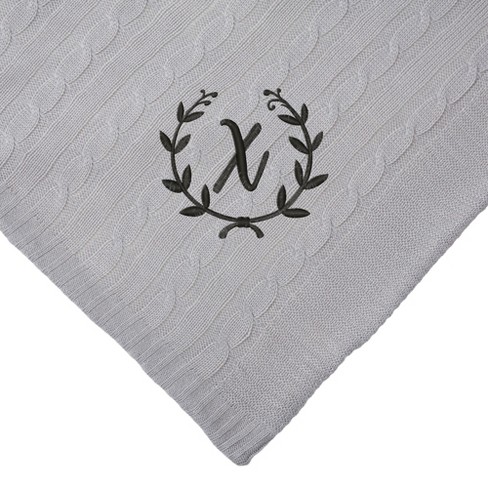 Personalization Mall Floral Wreath Initial Cable Knit Throw Blanket Grey 50 x60