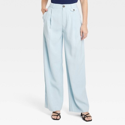 Light Blue White Color + Mid-High Rise Elastic WaistFlare Trousers