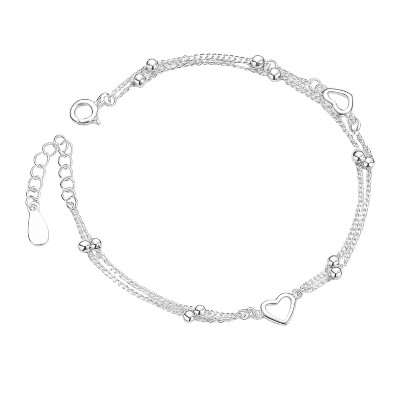 Silver-Tone Copper Double-Layer Heart & Bead Bracelet, Modern Metal Design, Adjustable Chain, Women’s Dainty Everyday Jewelry