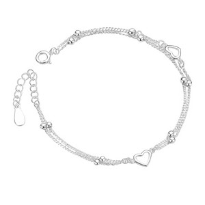 Silver-Tone Copper Double-Layer Heart & Bead Bracelet, Modern Metal Design, Adjustable Chain, Women’s Dainty Everyday Jewelry - 1 of 4