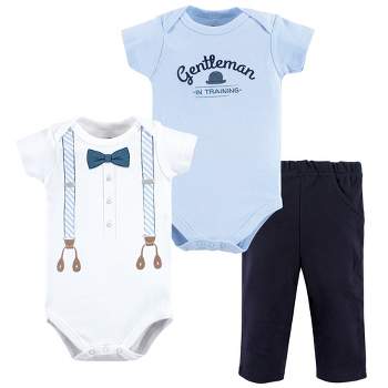 Little Treasure Baby Boy Cotton Bodysuit and Pant Set, Light Blue Suspenders