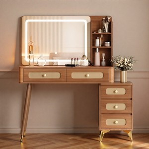 FONTOI 47.3"W Vintage Makeup Vanity with Mirror 5 Drawers and Storage Shelf for Bedroom Dressing Room, Brown, 47.24"*13.78"*47.24" - 1 of 4