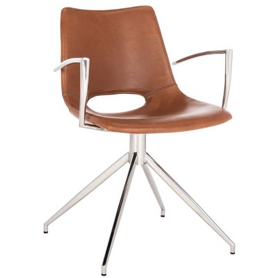Dawn 32'' Mid-Century Modern Leather Swivel Arm Chair in Light Brown & Stainless Steel