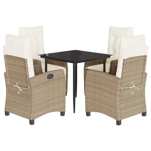 vidaXL 5 Piece Patio Dining Set - Beige Poly Rattan Reclining Chairs with Cushions and Black Glass Table - Garden/Backyard/Outdoor Furniture - 1 of 4