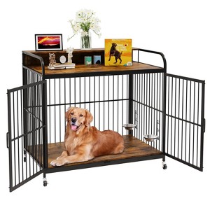 Dog Crate Furniture,Heavy Duty Dog Kennel Indoor with Adjustable Height Feeder,Dog Crate with 360°Wheels for Easy Mobility,Wooden Decorative Pet Hous - 1 of 4