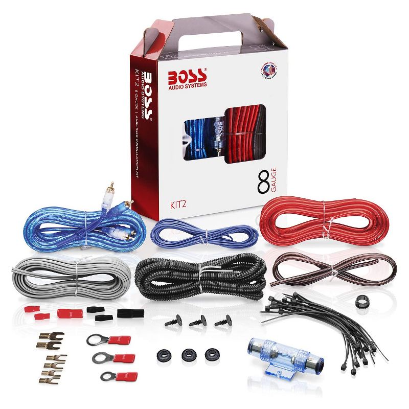 BOSS Audio Systems KIT2 8 Gauge Complete Car Amplifier Installation Wiring Kit with Power Cables, Ground Cables, Turn-On Wire, Speaker Wire, Terminals, 1 of 8