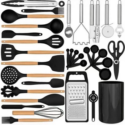 LunaLulinlk 35-Piece High-Temperature Silicone Non-Stick Cookware Set with Wooden Handles and Stands, BPA-Free (Black)