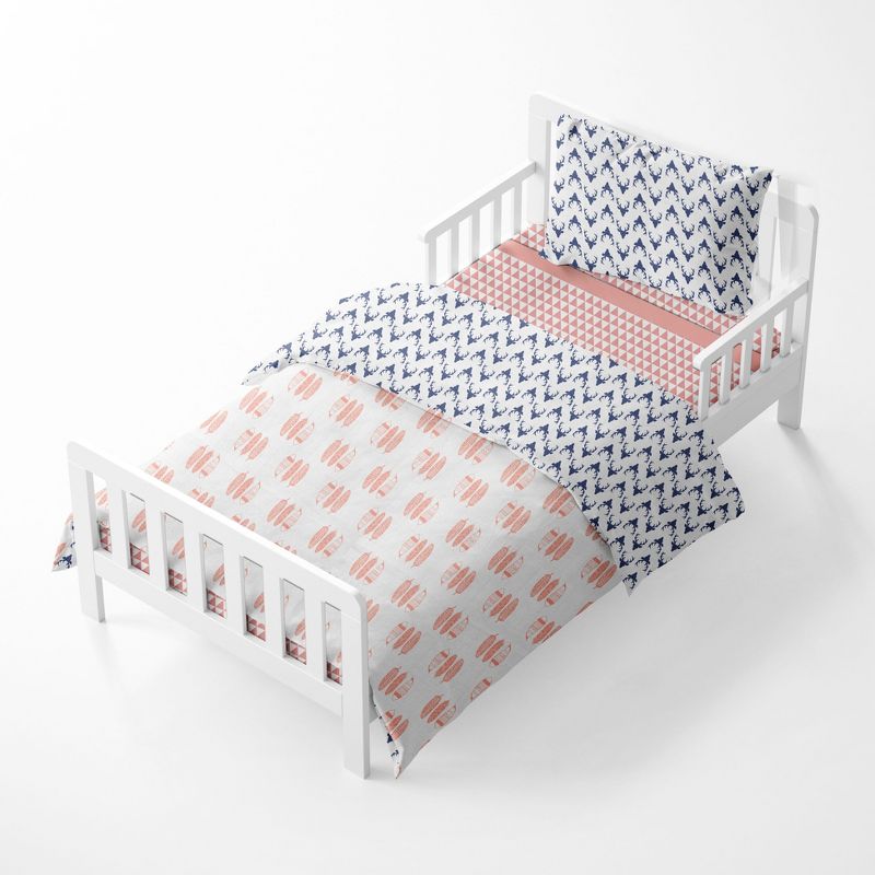 Bacati - Olivia Coral/Navy Buck/Feathers/Triangles Muslin 4 pc Toddler Bedding Set, 2 of 9
