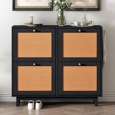 Clint 37.1" Height Farmhouse Rattan Shoe Rack Multifunctional 2-Tier Organizer Drawers for 12 Pairs with 4 Flip Down Drawers-Maison Boucle