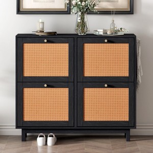 Clint 37.1" Height Farmhouse Rattan Shoe Rack Multifunctional 2-Tier Organizer Drawers for 12 Pairs with 4 Flip Down Drawers-Maison Boucle - 1 of 4