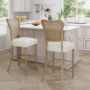 Vintage Armless Barstool (Set of 2) with Fabric Upholstered Seat, Cane Detailing, and Rubberwood Frame for Home Bar, Kitchen - 1 of 4