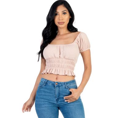 Slickblue Women's Ribbed Knit Puff Sleeve Top, Ruched Shoulder