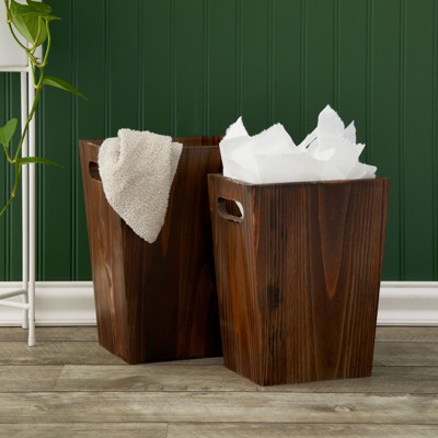 Rustic Brown Fir Wood Office Trash Can Set with Handles