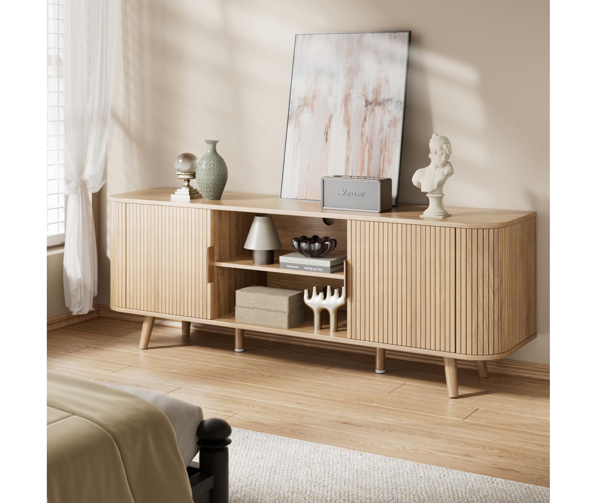 55 Inch Media Console for Bedroom Living Room Oak TV Stand for 65 Inch TV Mid Century Modern Cabinet Fluted Wood Detail Cable Management