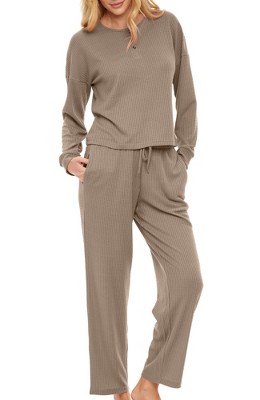 Women's Soft Ribbed Waffle Rib Knit Pajamas Lounge Set, Long Sleeve Drop  Shoulder V-neck Top and Leggings PJ Pants – Alexander Del Rossa