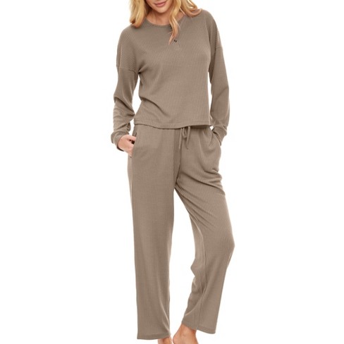 ADR Women's Ribbed Knit Pajamas Set Set with Pockets, Cami Top and Pajama  Thermal Underwear Pants Beige Large