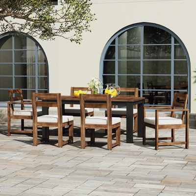 YOOCOZZ Patio Wood 7 Piece Furniture Set  for 6 person with Umbrella Hole, 2 Armchairs & 4 Side Chairs
