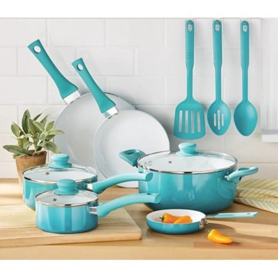 LunaLulink Ceramic Nonstick 12 Piece Cookware Set, Teal Ombre, Hand Wash Only