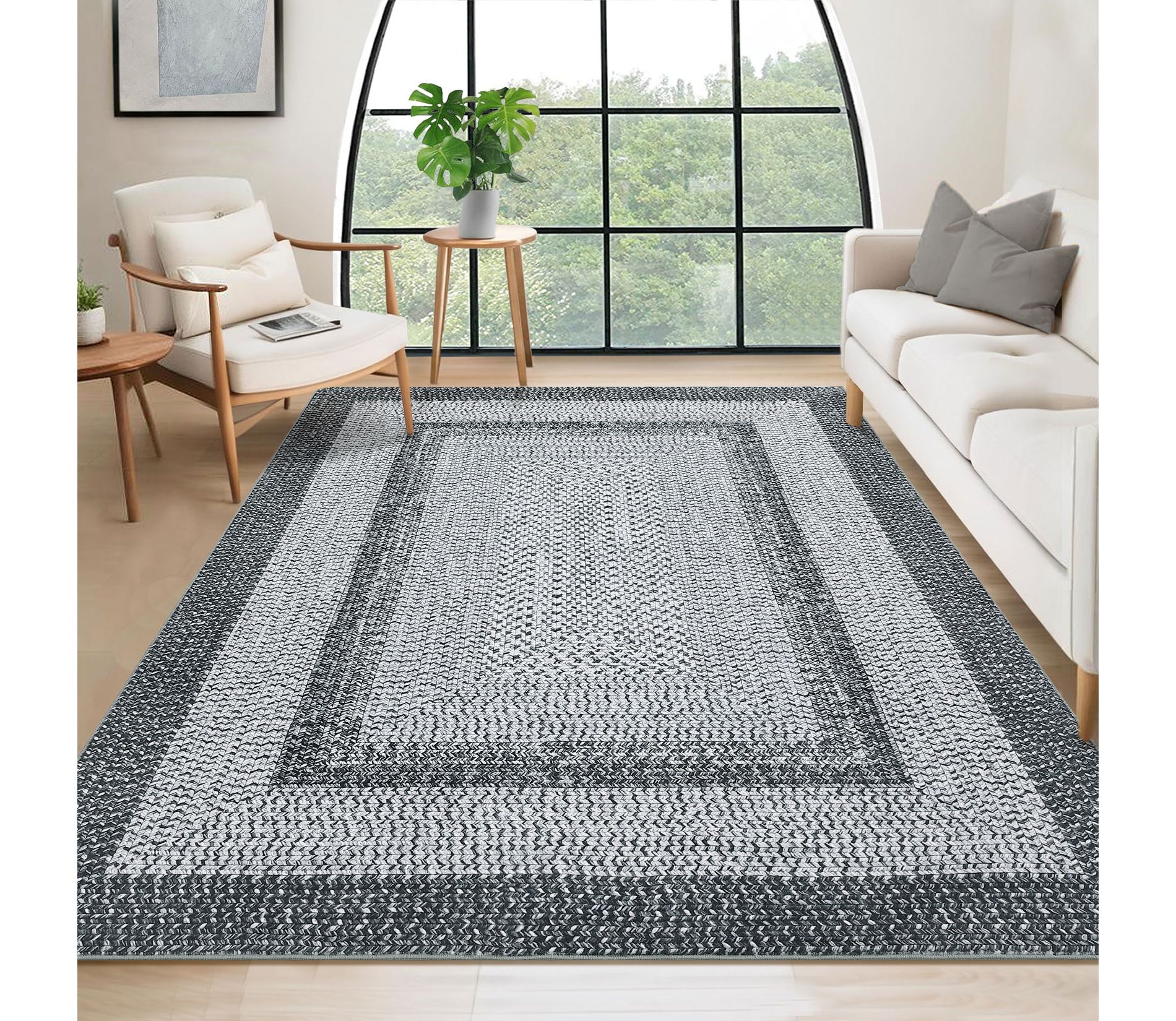 Contemporary Washable Rugs 5x7 Rug for Living Room Braided Print Indoor Carpet Non Slip Modern Soft Stain Resistant Rug