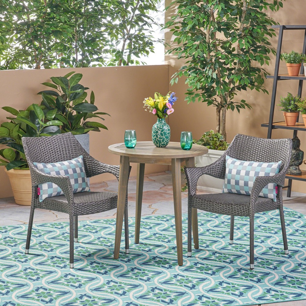 Photos - Garden Furniture Louisa 3pc Acacia & Wicker Bistro Set - Gray - Christopher Knight Home