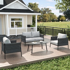 LayinSun 4 Piece Outdoor Furniture Set with Coffee Table, Modern Rope Woven Patio Conversation Sofa Set with Olefin - 1 of 4
